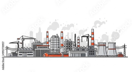Industrial factory complex with smoking chimneys and cranes.
