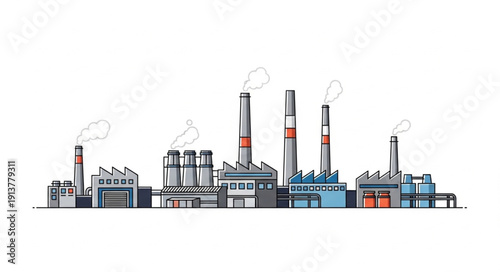 Industrial Factory Complex with Smokestacks Emitting Smoke.