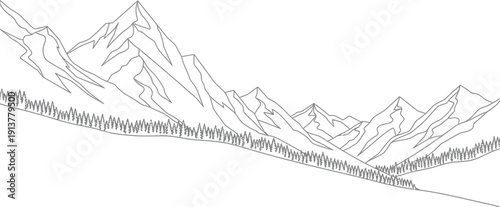 Mountain range landscape illustration featuring peaks, trees, and a serene natural environment from a distant viewpoint