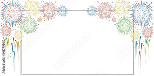 Vibrant fireworks explosion surrounding a blank frame viewed from a straight-on perspective in a festive celebration environment
