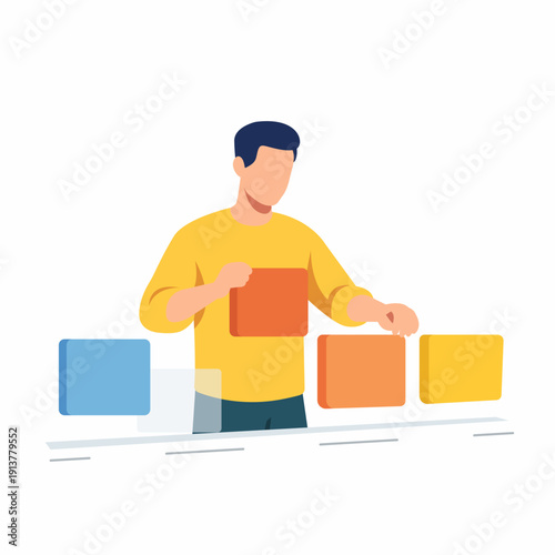 Minimal flat vector illustration of a person arranging abstract blocks in sequence. 