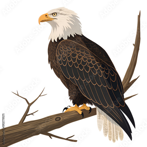 A majestic bald eagle perched on a tree branch against a black background