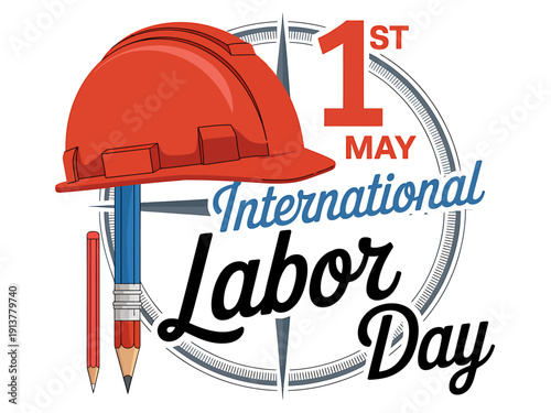 International Labor Day celebration with hard hat and tools on white background