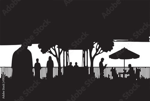 Sunset Park Scene with People Silhouette Vector Illustration Featuring Trees, Railing and Outdoor Gathering