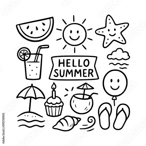 Summer doodle element set. Tropical beach and holiday icon collection. Vacation hand-drawn sketch bundle. Vector illustration isolated on white background.