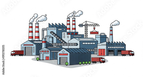 Industrial factory complex with smoking chimneys and trucks.
