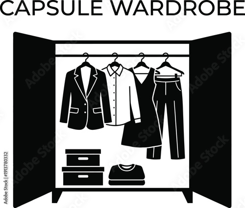 Capsule wardrobe organization in minimalist closet vector illustration
