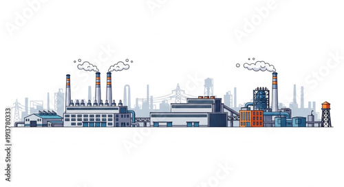 Industrial factory complex with smoking chimneys and various buildings.