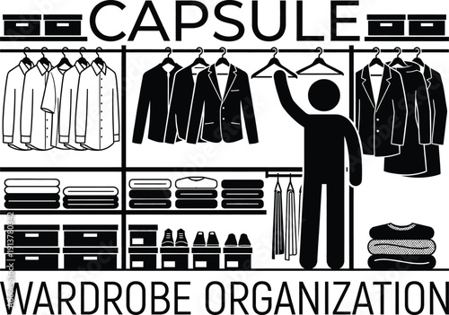 Capsule wardrobe organization in minimalist closet vector illustration