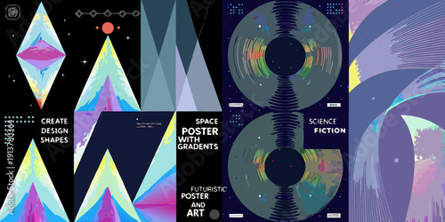 Abstract geometric posters with vibrant gradients and futuristic design elements