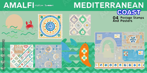 Amalfi coast inspired postage stamps and mediterranean summer design collage