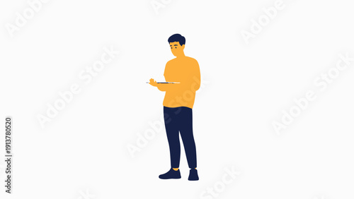 Artist painting with brush and palette, creative person isolated on white background