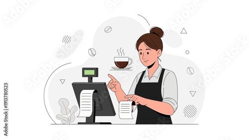 Barista at coffee shop counter with POS system and hot coffee cup