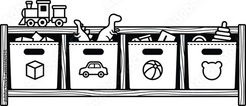 Toy bin organization in kids playroom vector illustration