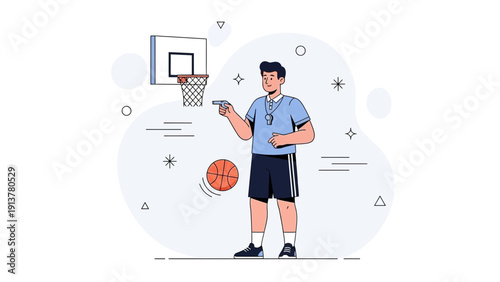 Basketball Coach Instructing Player with Whistle and Ball