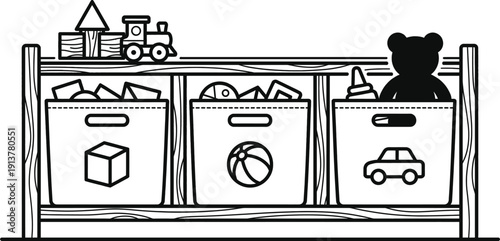 Toy bin organization in kids playroom vector illustration