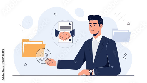 Business agreement concept, handshake, contract, certification, businessman illustration