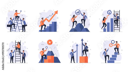 Business Growth and Success: Teamwork, Climbing Stairs, Mountains, Charts