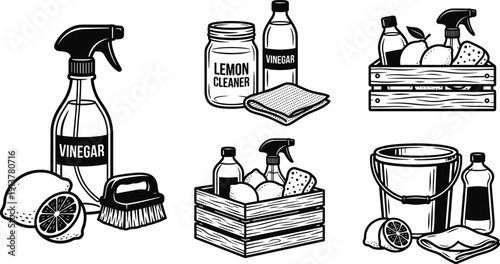 Cleaning kit with natural vinegar and lemon illustration