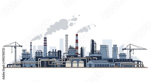 Industrial factory complex with smoking chimneys and cranes.