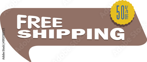 Brown speech bubble with free shipping text and yellow discount badge