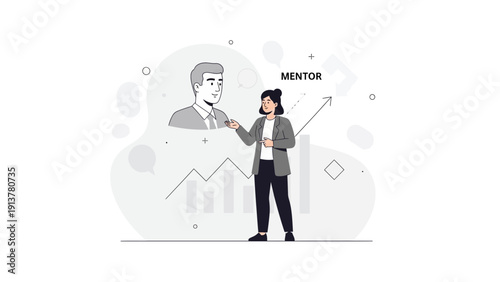 Business mentor guiding employee growth with career graph and upward trend