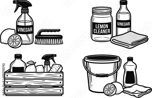 Cleaning kit with natural vinegar and lemon illustration
