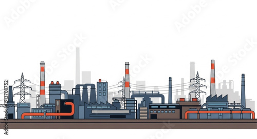 Industrial factory complex with smokestacks and power lines.