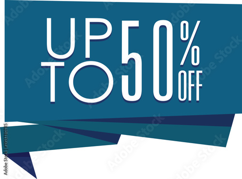 Blue banner with up to 50 percent off text in white discount