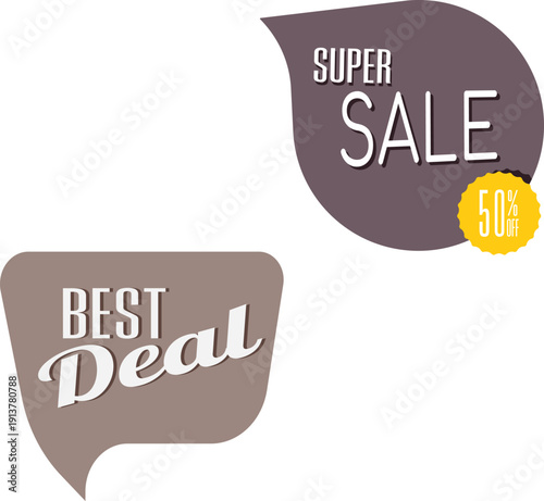 Two speech bubble signs with sale and deal text in brown and gray colors
