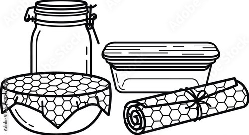 Beeswax wraps and glass containers for sustainable food storage