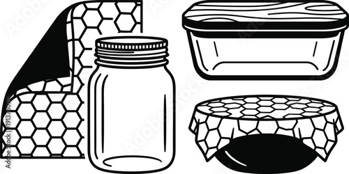 Beeswax wraps and glass containers for sustainable food storage