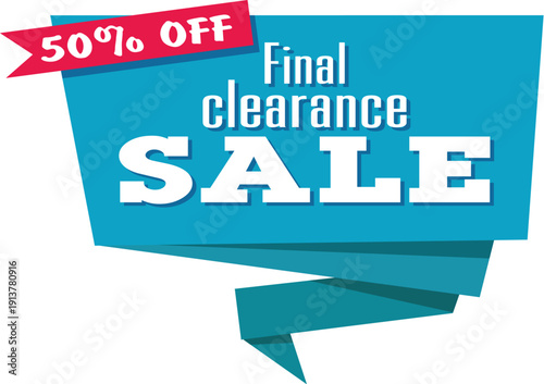 Blue banner with 50 percent off final clearance sale text and red tag
