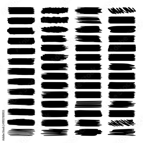 Black paint brush stroke vector set. Hand drawn ink smear collection. Grunge texture elements. Vector illustration isolated on white background.