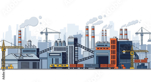 Industrial factory complex with smoking chimneys and cranes.