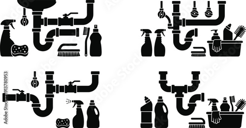 Plumbing and cleaning supplies organized under kitchen sink vector