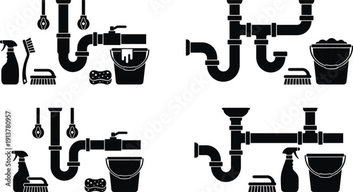 Plumbing and cleaning supplies organized under kitchen sink vector