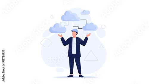 Businessman Balancing Clouds in Digital Network