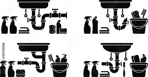 Plumbing and cleaning supplies organized under kitchen sink vector