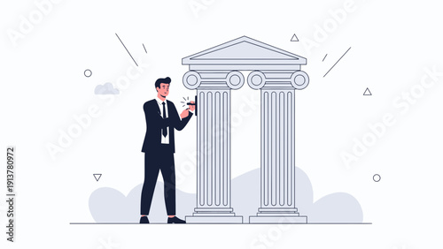 Businessman building a strong foundation with architectural columns, concept of growth