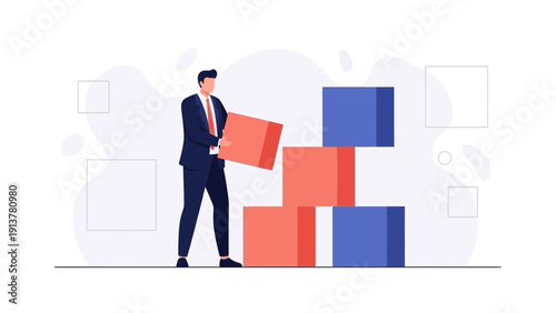 Businessman building with blocks, concept of strategy, planning, and success