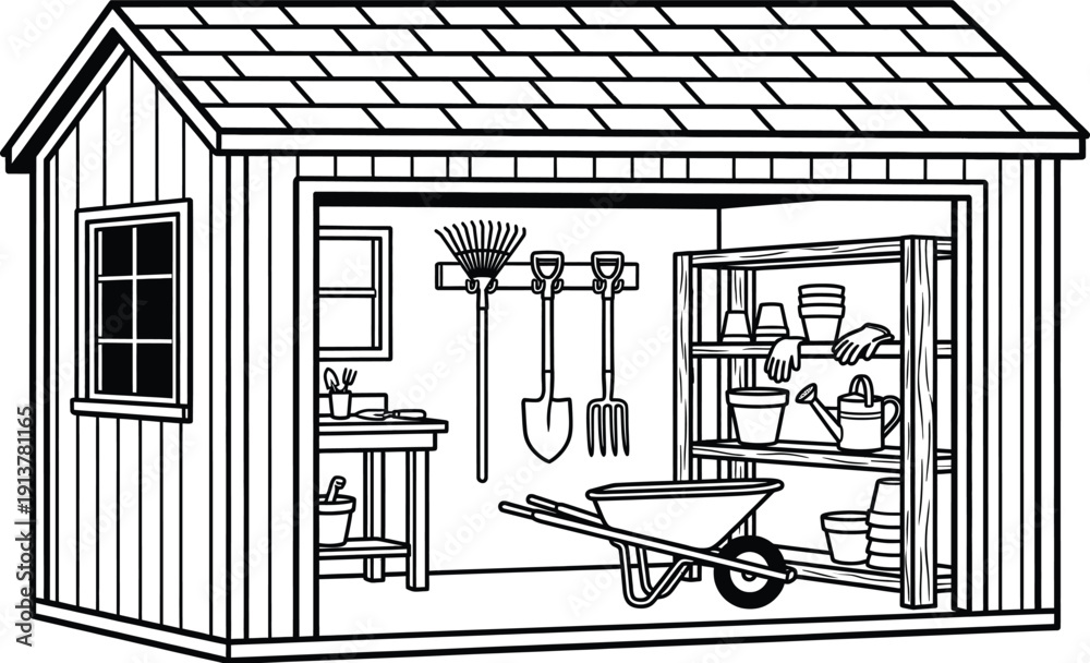 Fototapeta premium Garden shed organization vector with various tools