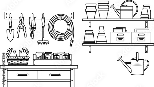Garden shed organization vector with various tools