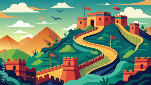 Great wall of china winding through mountains with watchtowers and flags, scenic landscape with blue sky and pyramids in background, flat vector illustration