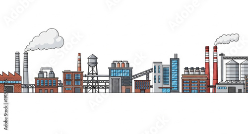 Industrial factory complex with smoking chimneys and modern buildings.