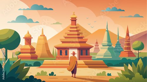 Traveler walking toward ancient asian temples at sunset, traditional architecture with pagodas and mountains, spiritual journey landscape, flat vector illustration