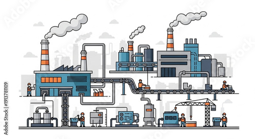 Industrial factory complex with smoking chimneys and machinery.