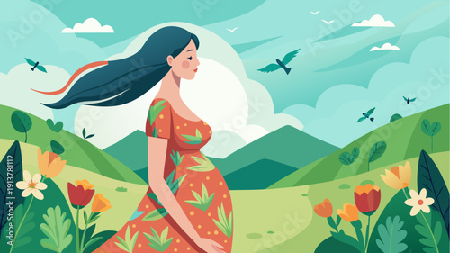 Pregnant woman walking in blooming spring landscape, flowing hair in the wind, colorful flowers and green hills, peaceful nature scene, flat vector illustration