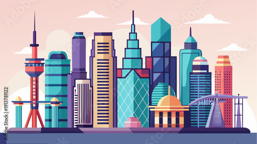 Modern city skyline with futuristic skyscrapers and iconic landmarks, urban architecture panorama in flat vector style, colorful downtown illustration