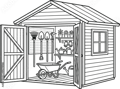 Garden shed organization vector with various tools